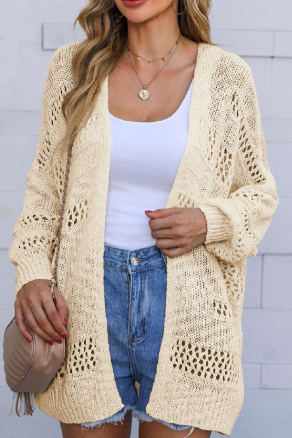 Openwork Open Front Long Sleeve Cardigan