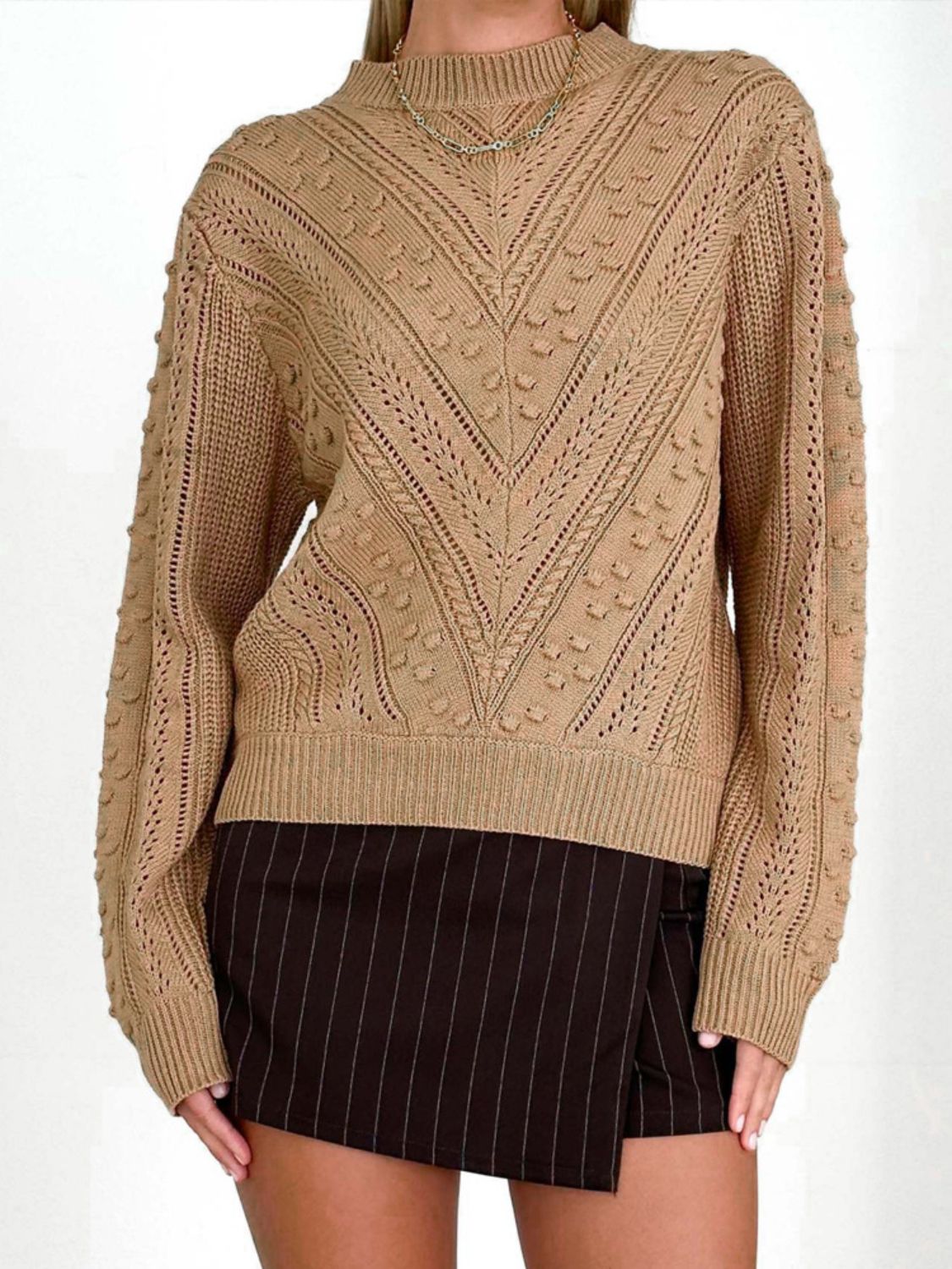 Perfee Openwork Round Neck Long Sleeve Sweater