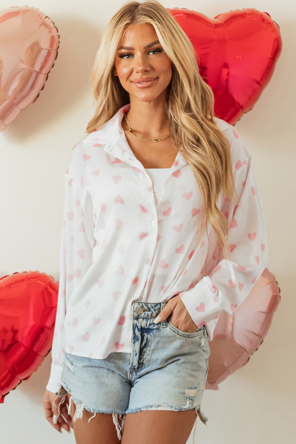 Heart Print Collared Neck Long Sleeve Shirt