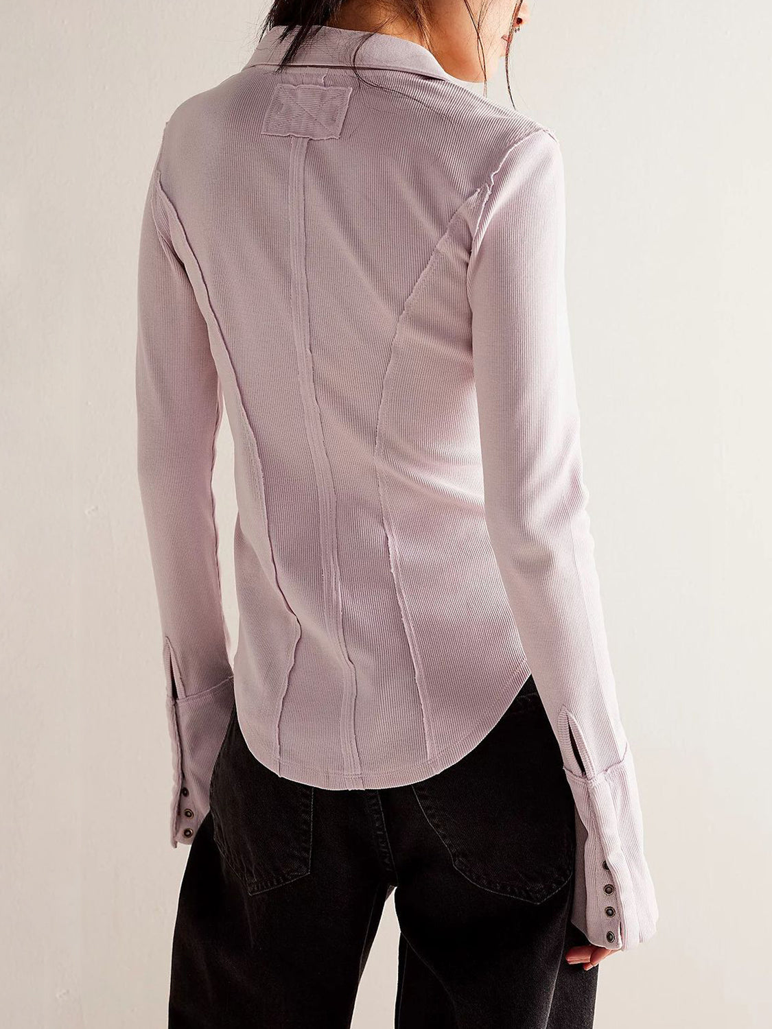 Exposed Seam Snap Down Collared Neck Long Sleeve Top