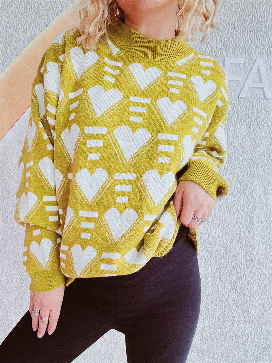 Heart Contrast Long Sleeve Dropped Shoulder Sweater