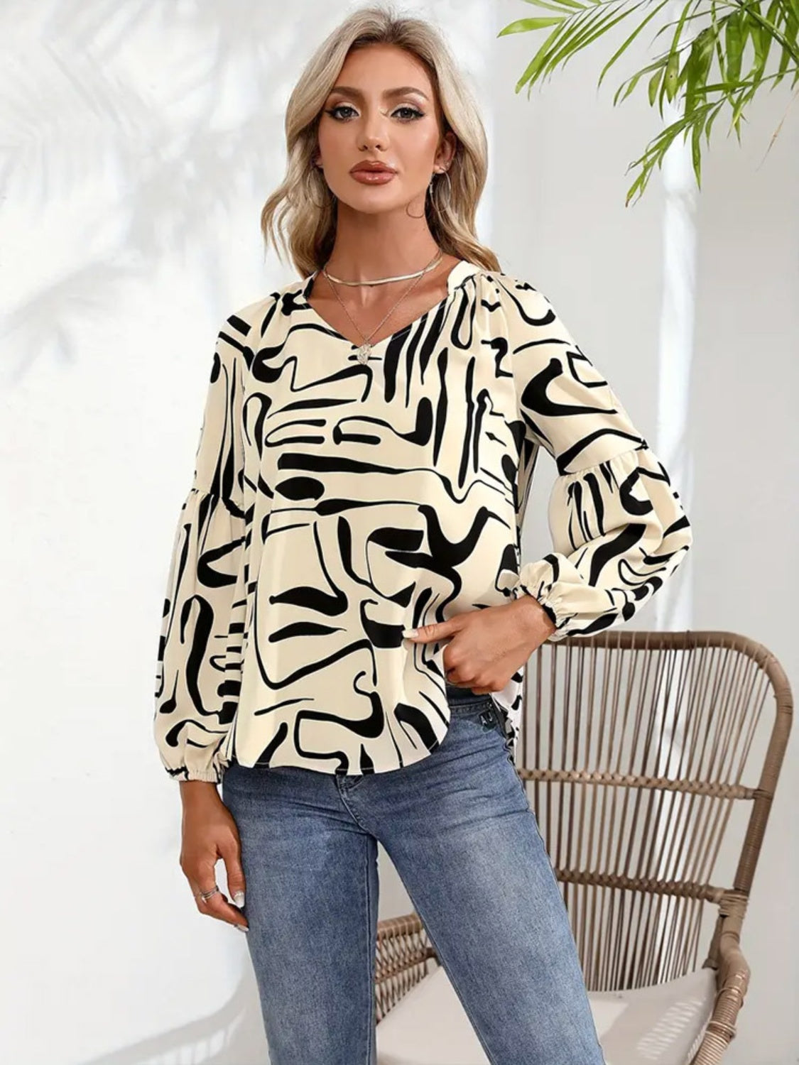 Printed Notched Long Sleeve Blouse