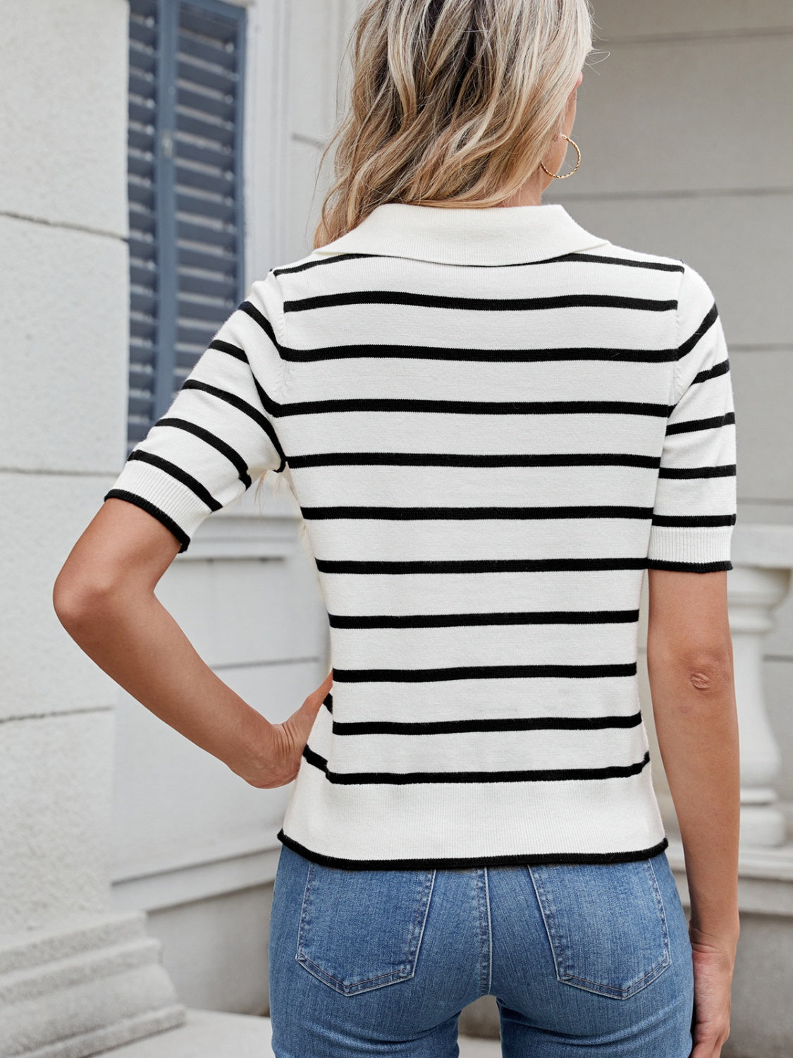 Striped Johnny Collar Short Sleeve Sweater