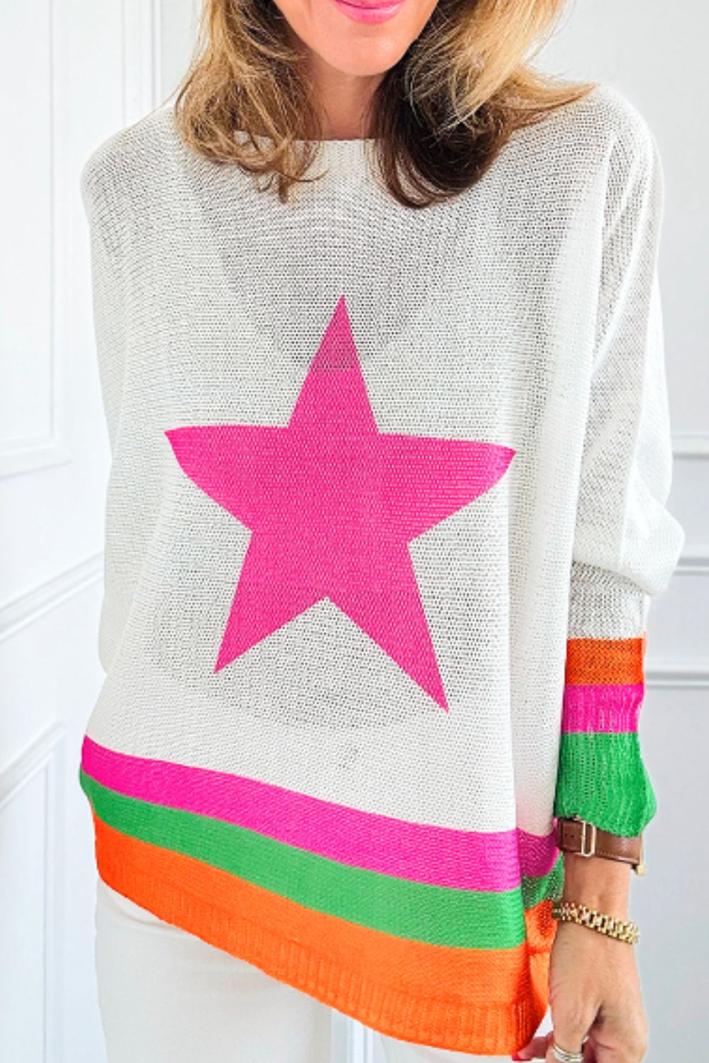 Star Contrast Round Neck Long Sleeve Knit Top