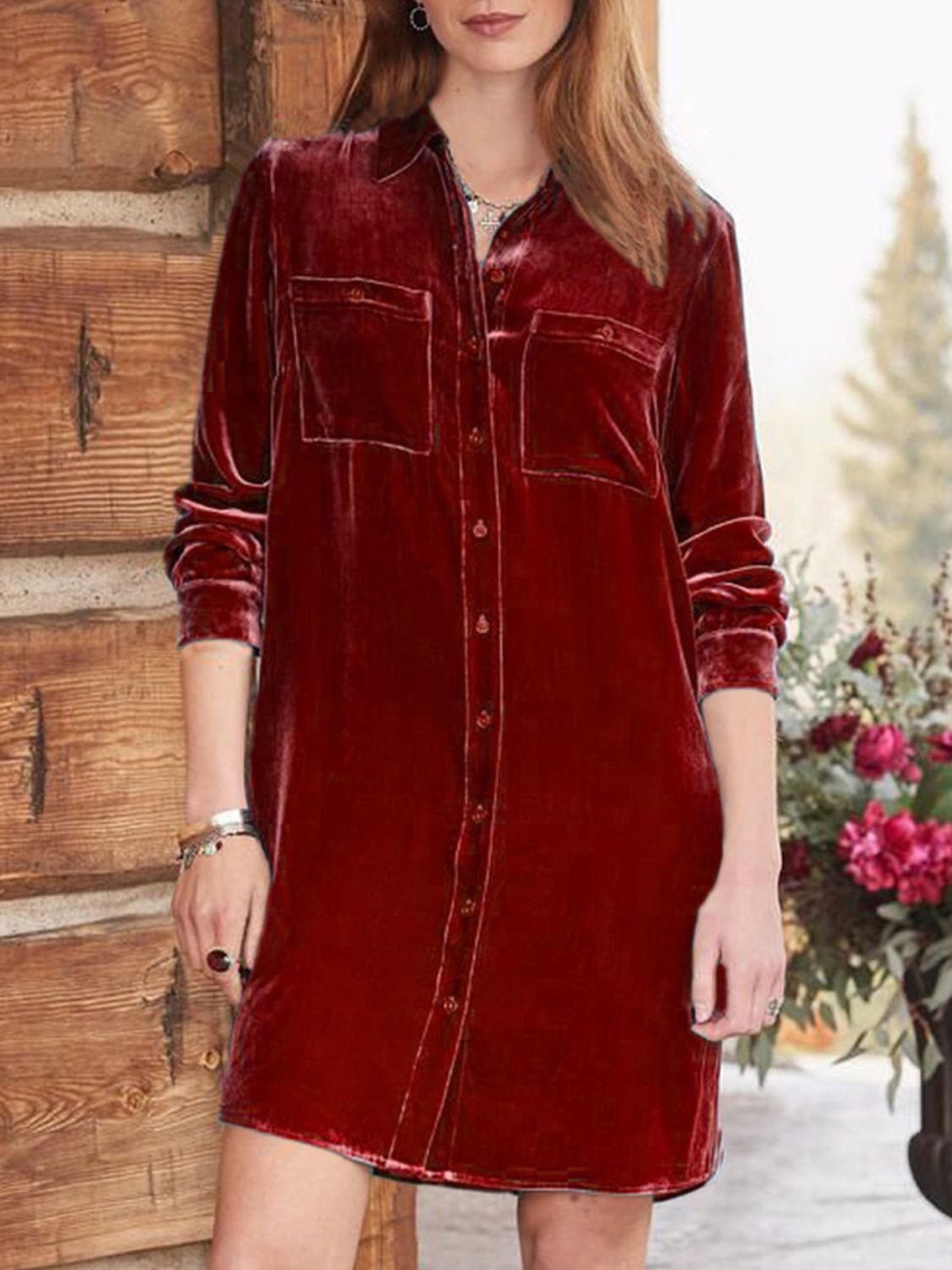 High-Low Button Up Long Sleeve Knee Length Dress