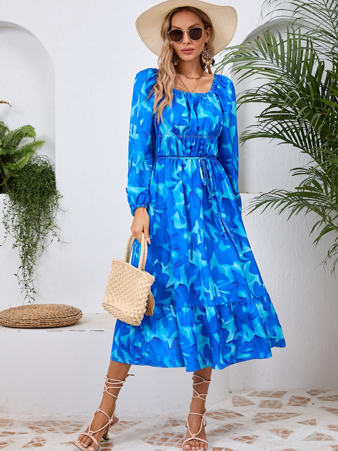 Printed Long Sleeve Midi Dress