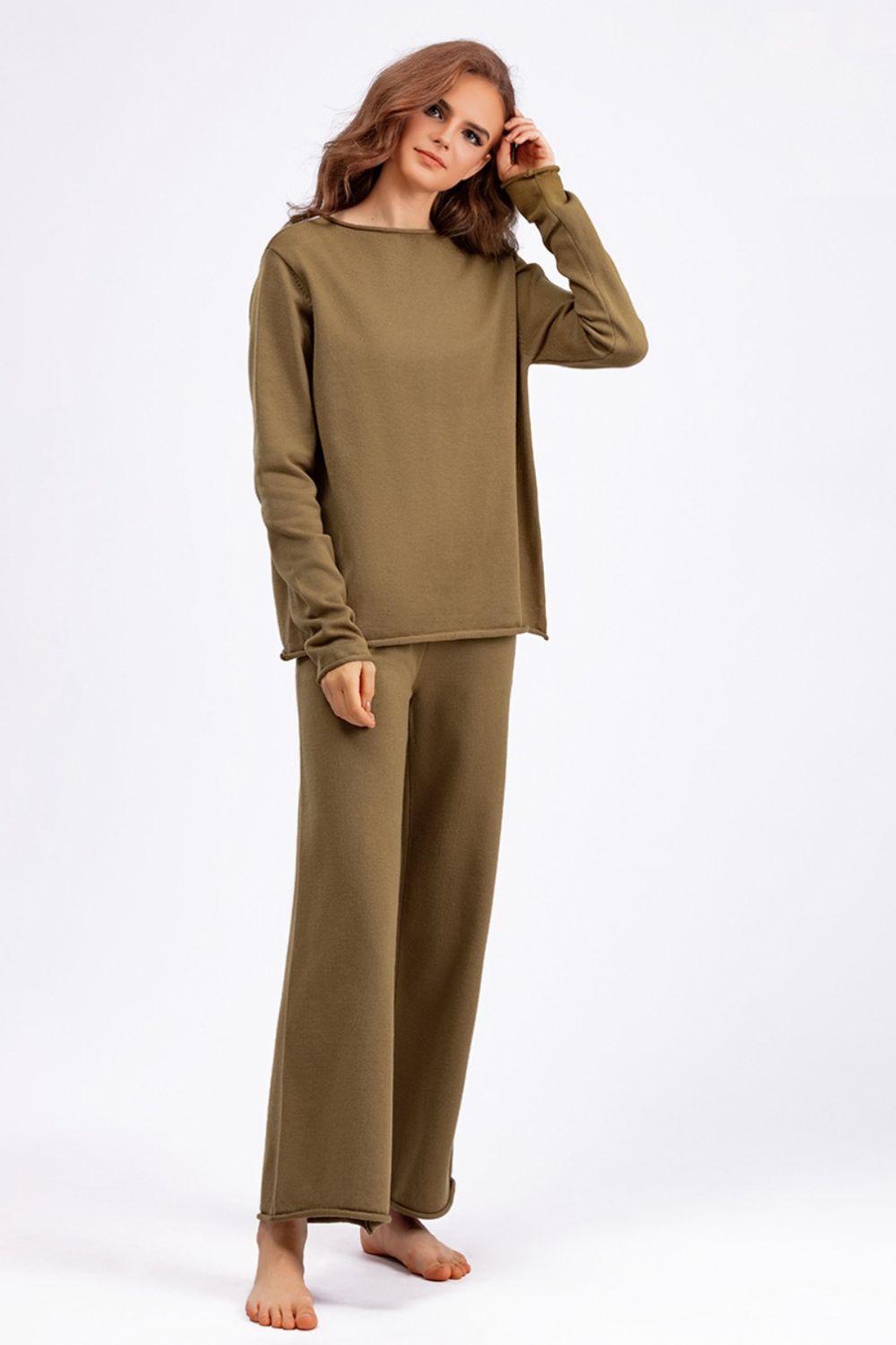 Basic Bae Rolled Round Neck Top and Pants Sweater Set