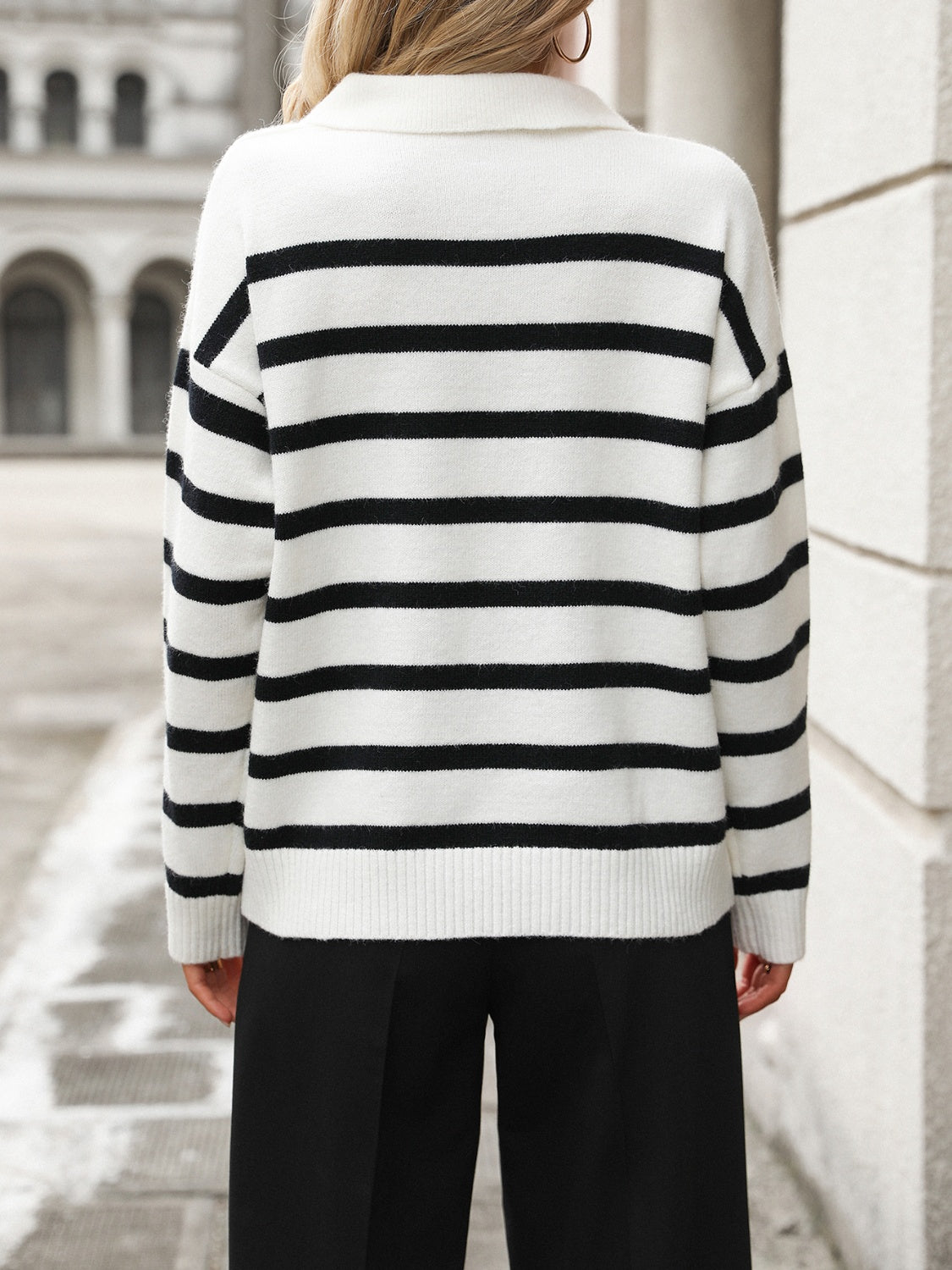 Striped Johnny Collar Long Sleeve Sweater