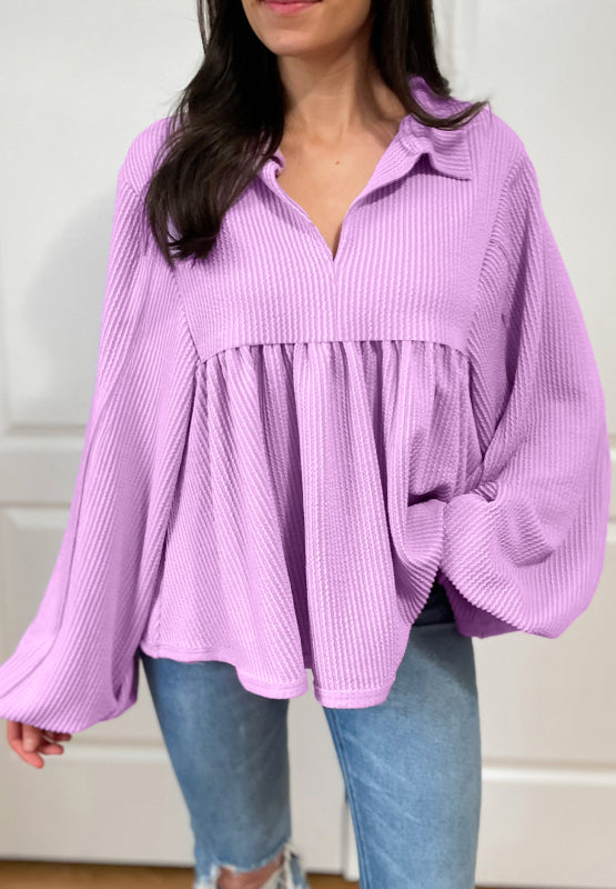 Corded Johnny Collar Long Sleeve Babydoll Blouse