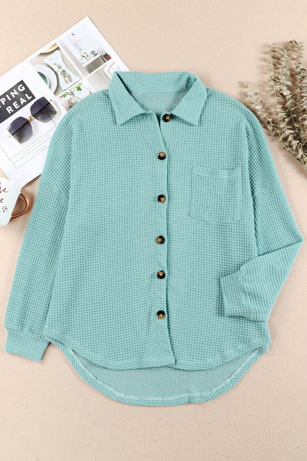 Waffle-Knit Collared Neck Long Sleeve Shirt