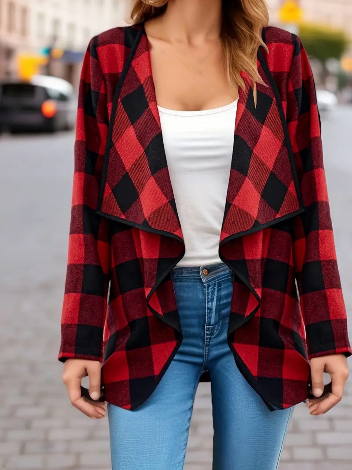 Plaid Open Front Long Sleeve Jacket