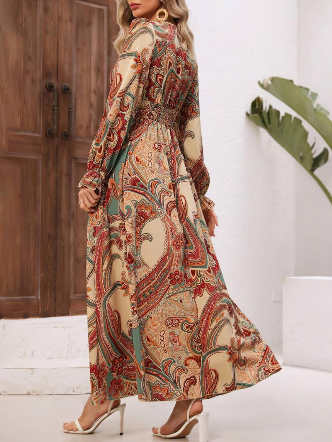 Smocked Printed V-Neck Flounce Sleeve Dress