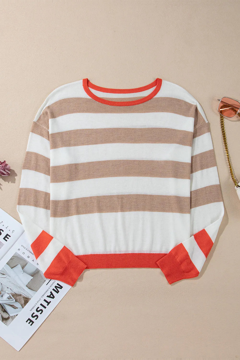 Contrast Striped Round Neck Long Sleeve Knit Top