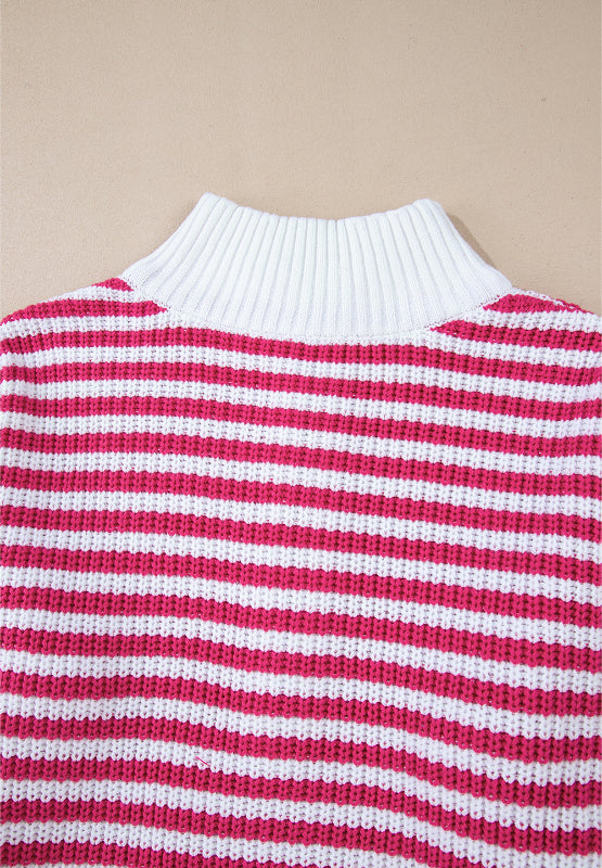 Striped Half Zip Mock Neck Long Sleeve Sweater