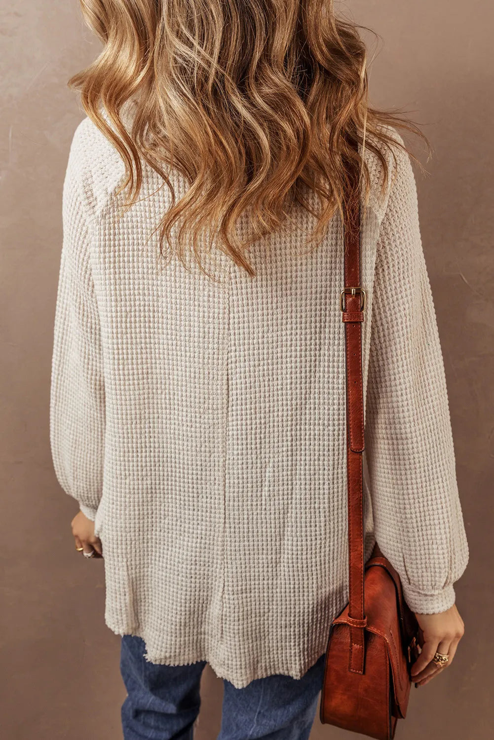 Waffle-Knit Half Button Round Neck Long Sleeve Top