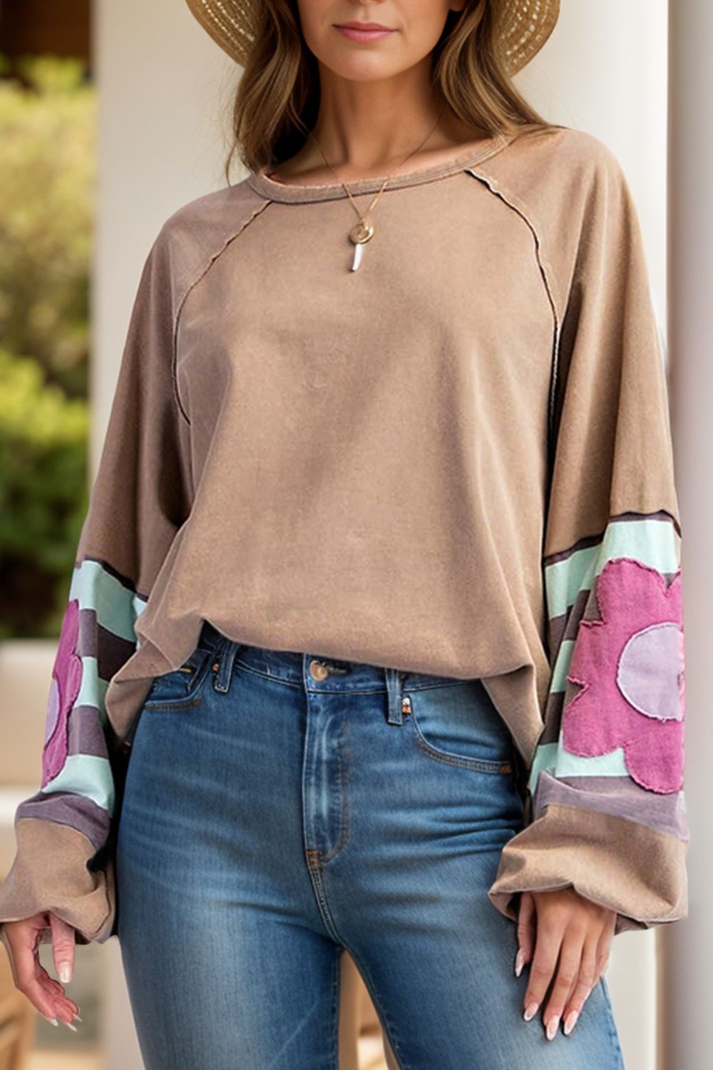 Flower Patch Round Neck Balloon Sleeve Top