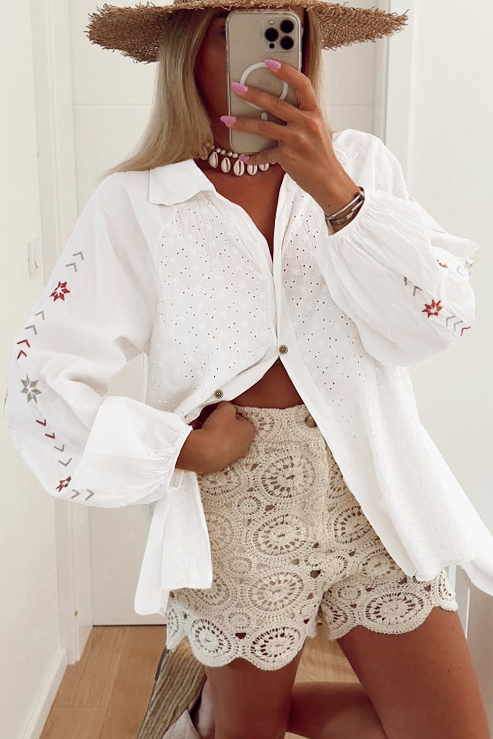 Embroidered Eyelet Collared Neck Long Sleeve Shirt