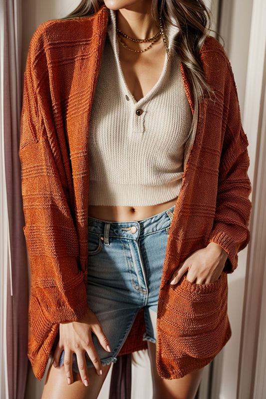 Open Front Textured Cardigan with Pockets