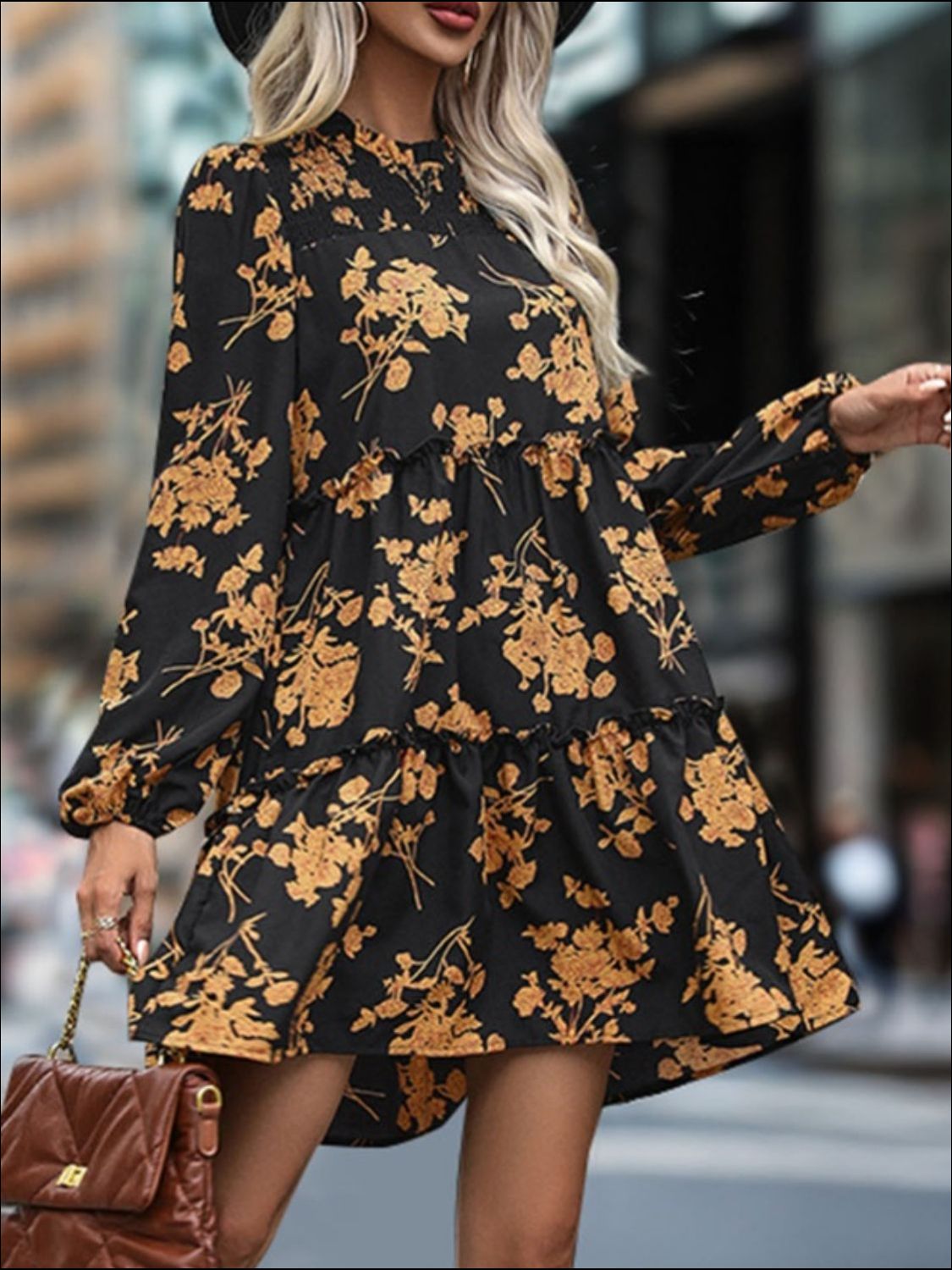 Perfee Frill Printed Long Sleeve Mini Dress