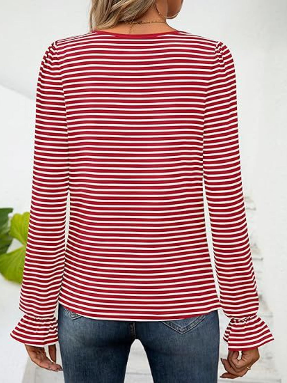 Striped Square Neck Flounce Sleeve Top