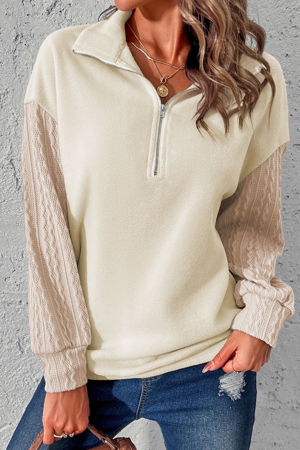 Half Zip Textured Patchwork Drop Shoulder Sweatshirt