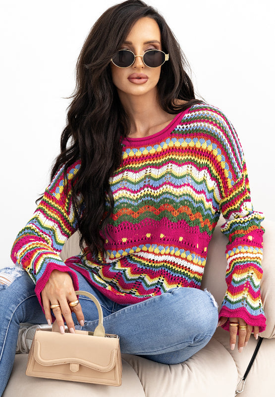 Openwork Contrast Round Neck Flare Sleeve Knit Top