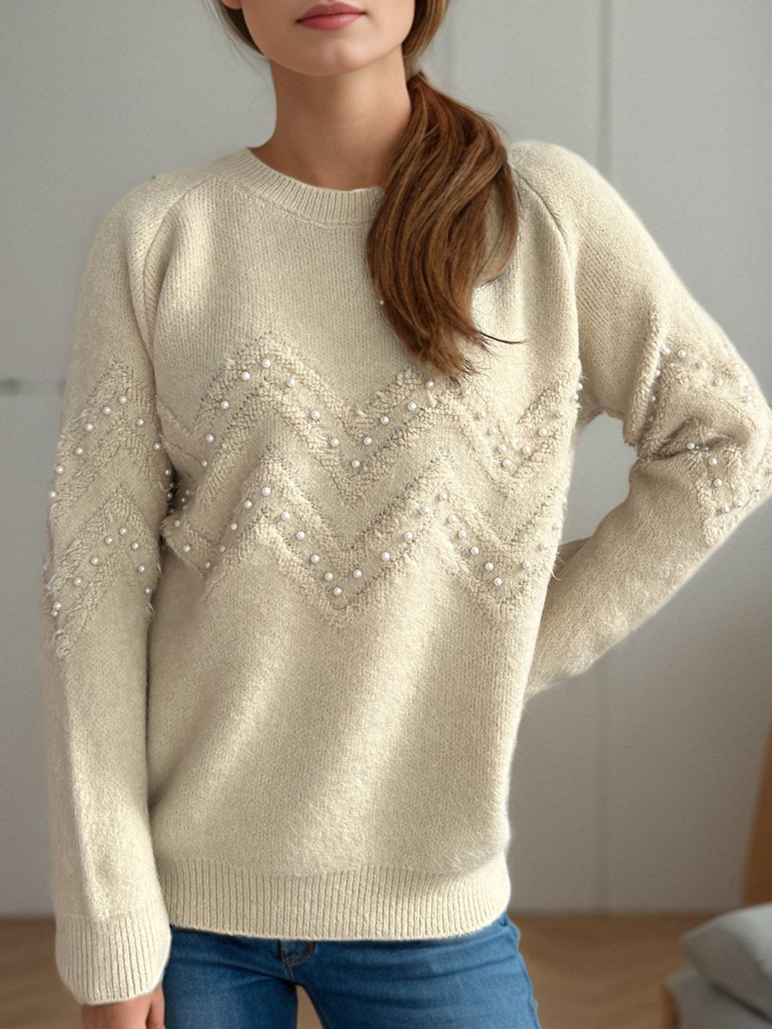 Pearl Trim Round Neck Raglan Sleeve Sweater