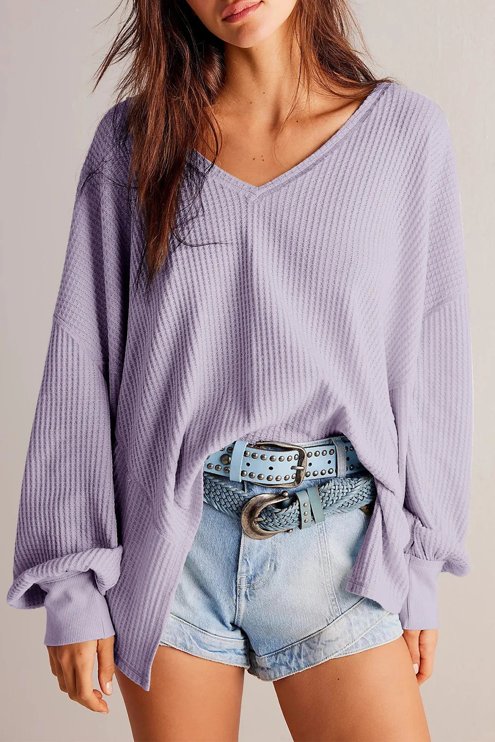 Waffle-Knit V-Neck Long Sleeve Top