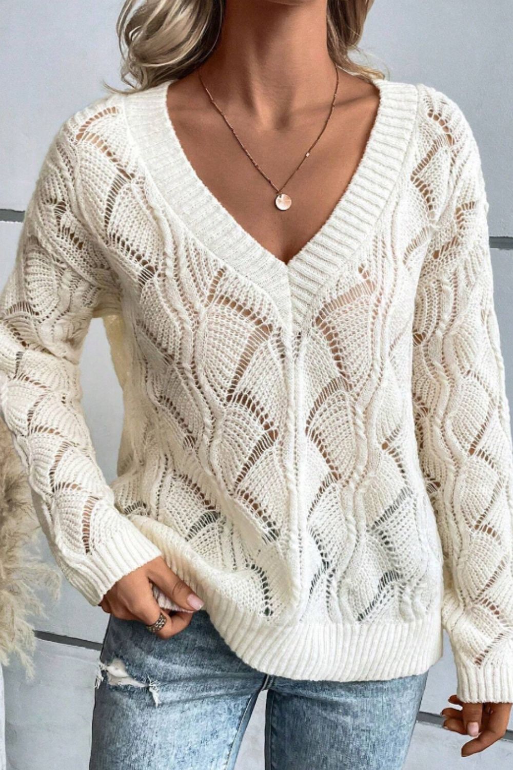 Openwork V-Neck Long Sleeve Sweater