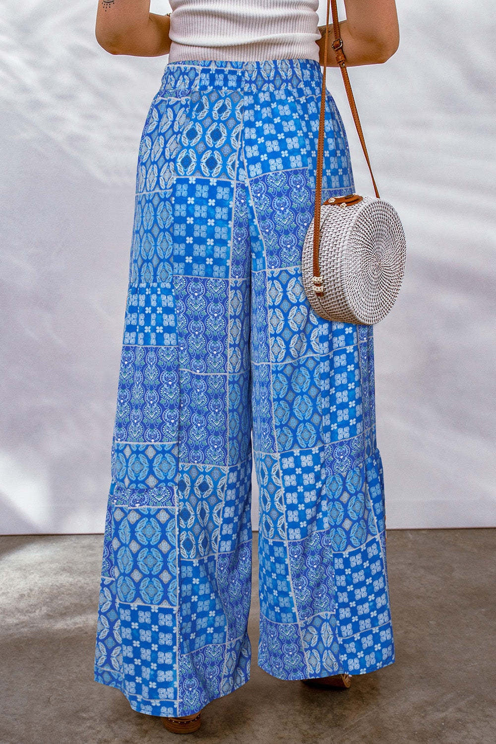 Full Size Drawstring Printed Wide Leg Pants