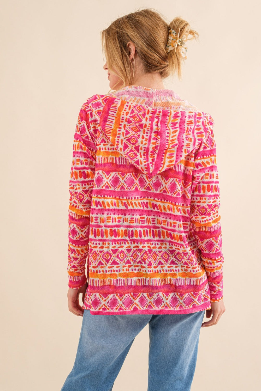 And The Why Full Size Printed Thermal Hooded Open Front Cardigan