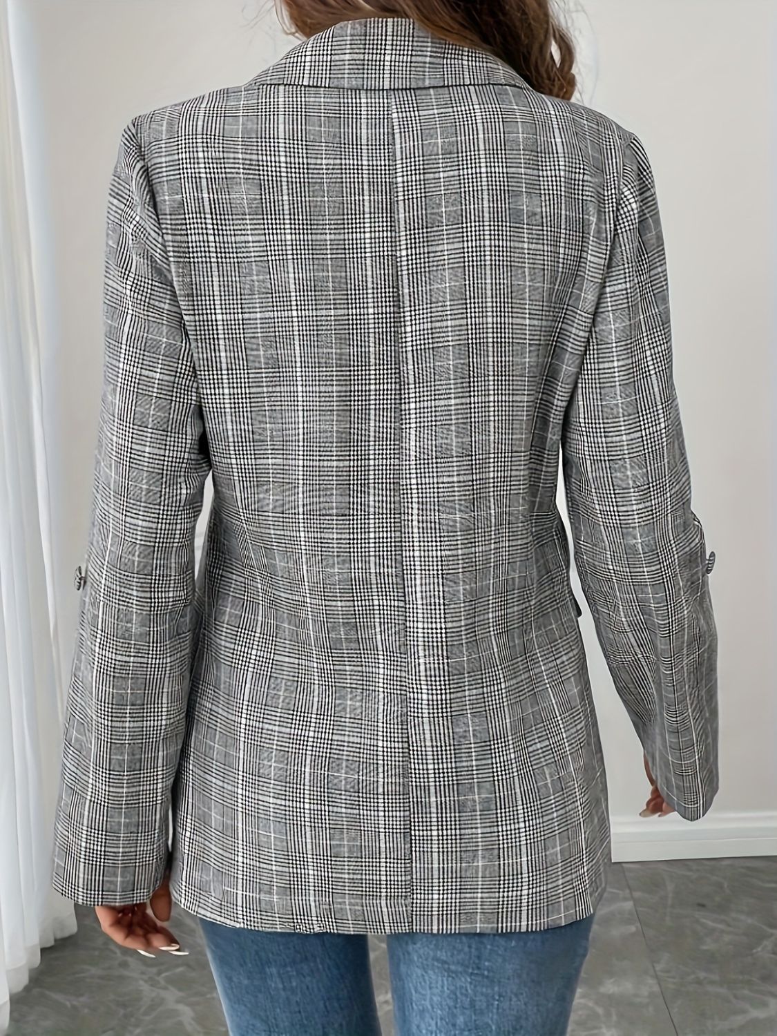 Single-Breasted Lapel Collar Plaid Blazer