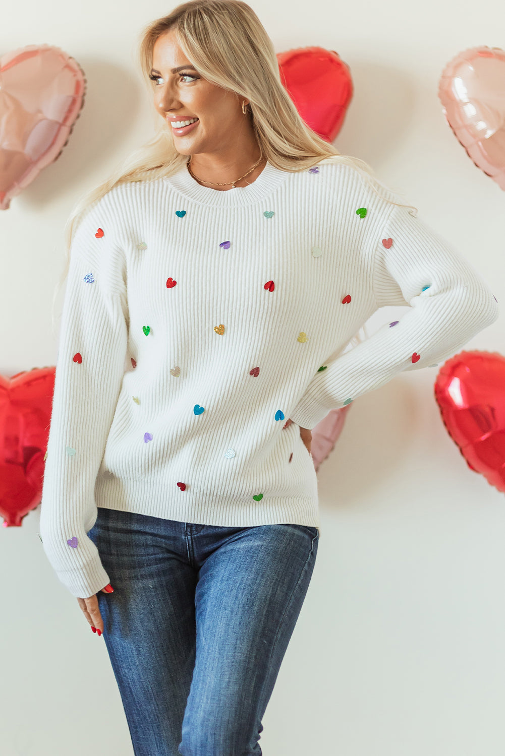 Heart Sequin Round Neck Long Sleeve Sweater