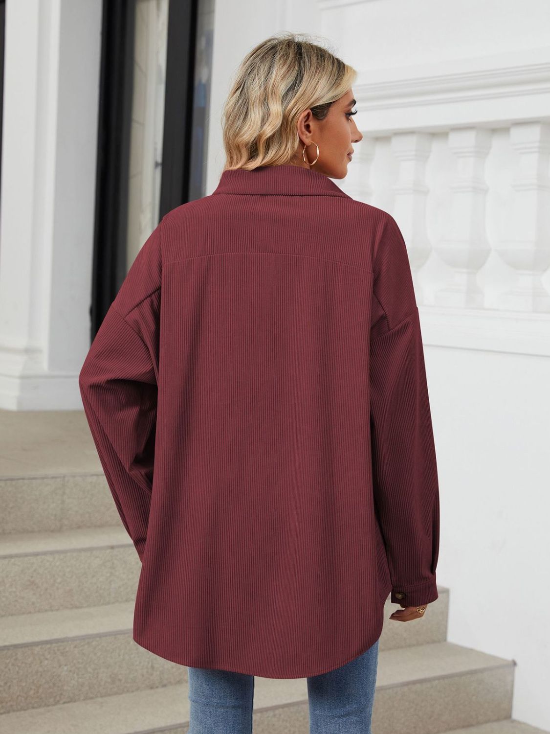 Collared Neck Long Sleeve Dropped Shoulder Shirt