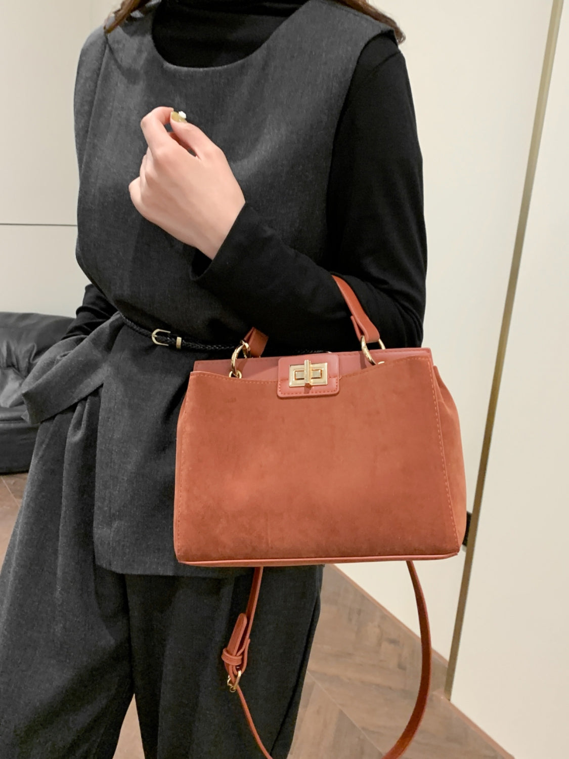 Solid Color Handbag with Removable Strap