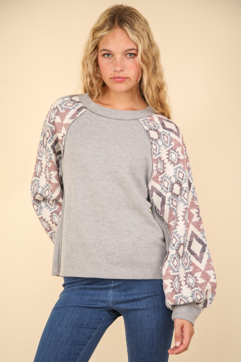 VERY J Printed Long Sleeve Round Neck Knit Top