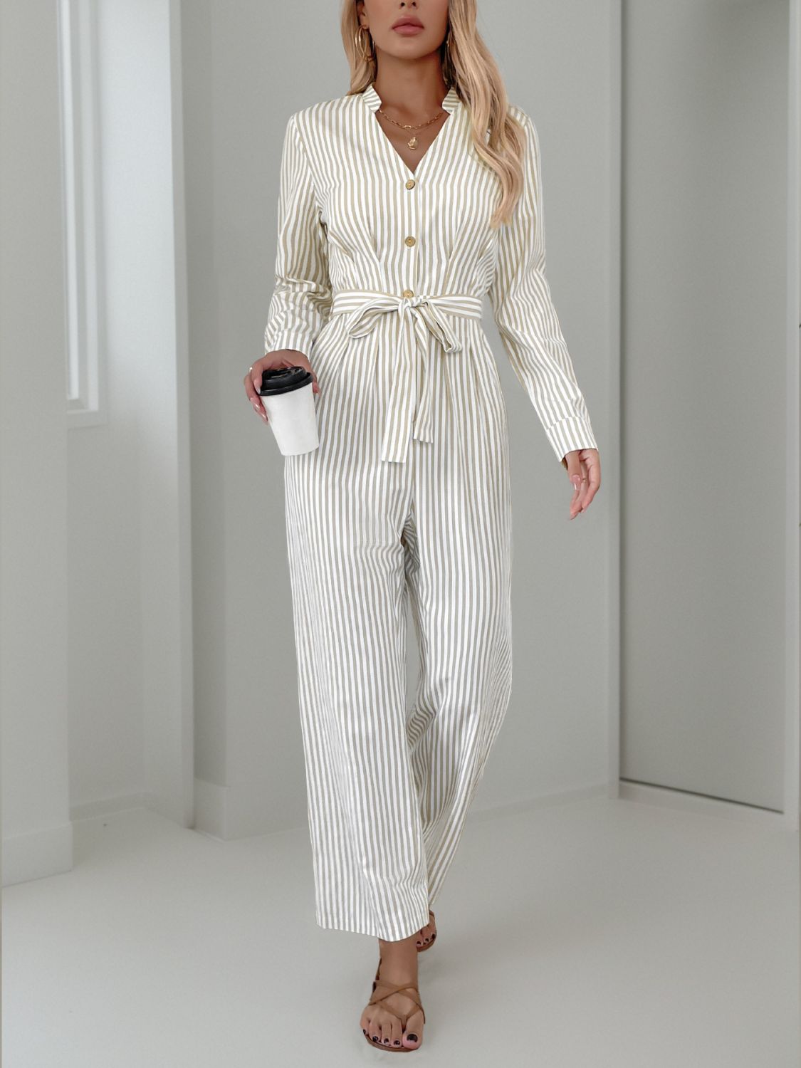 Striped Notched Long Sleeve Tie Waist Jumpsuit