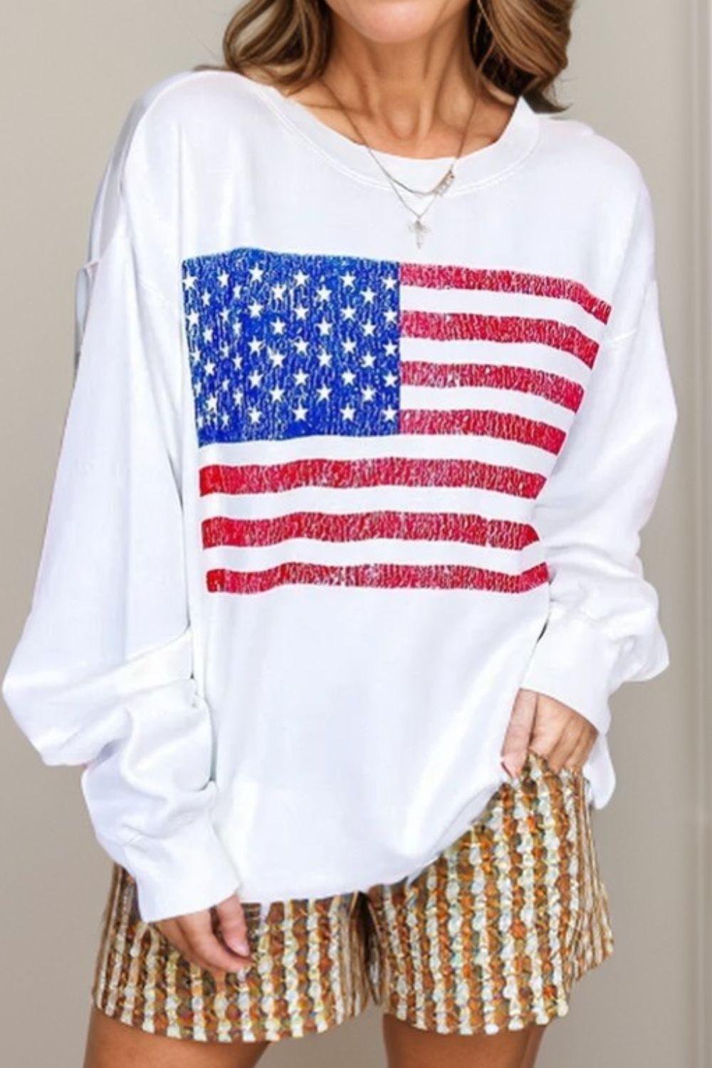 US Flag Round Neck Long Sleeve Sweatshirt