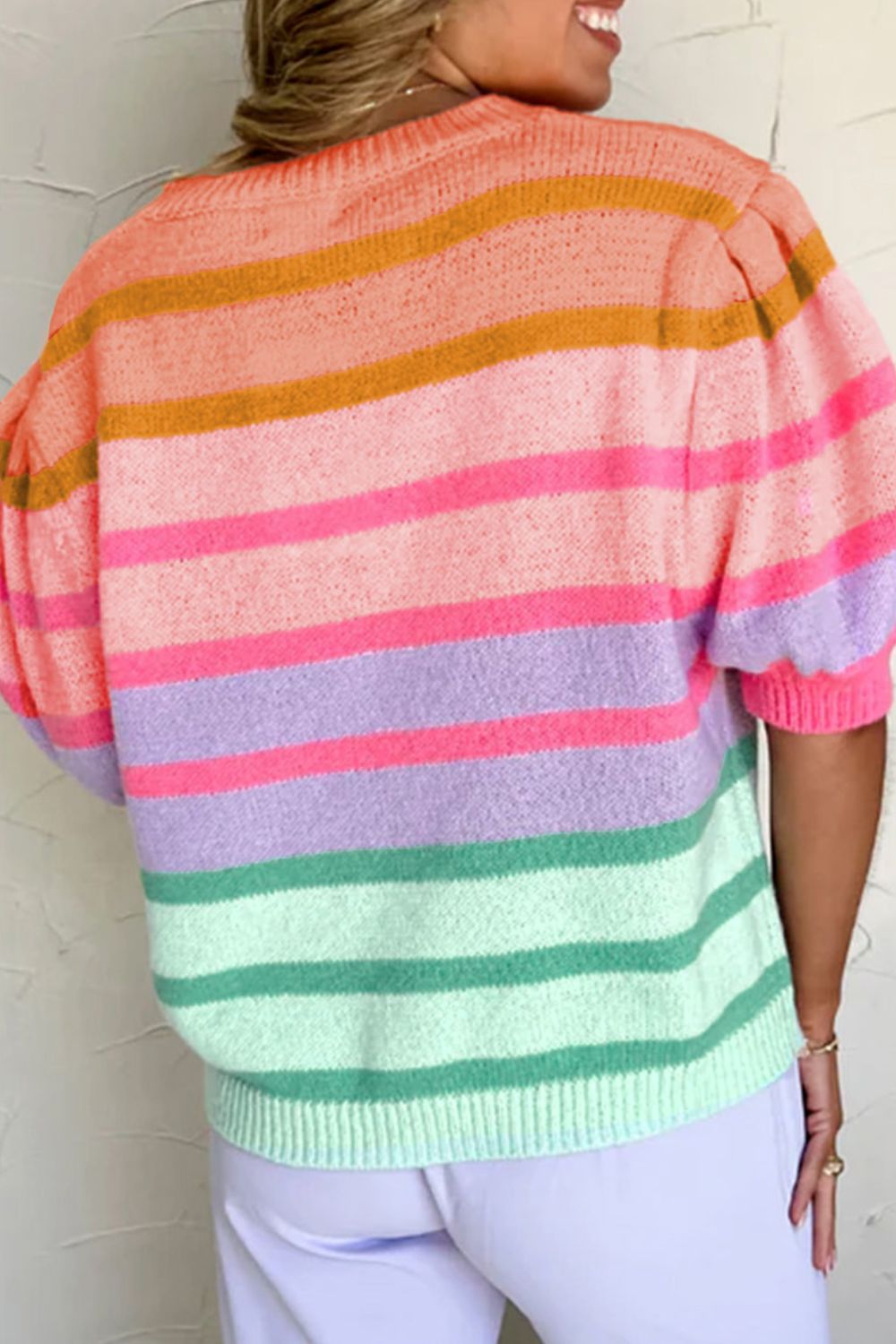 Striped Round Neck Half Sleeve Sweater