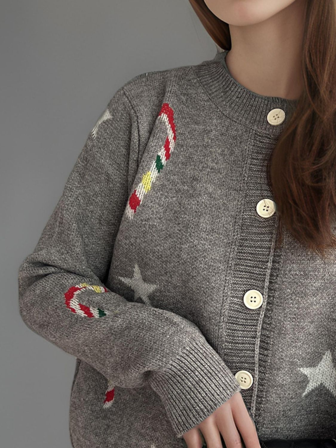 Candy Cane & Star Button Down Long Sleeve Cardigan