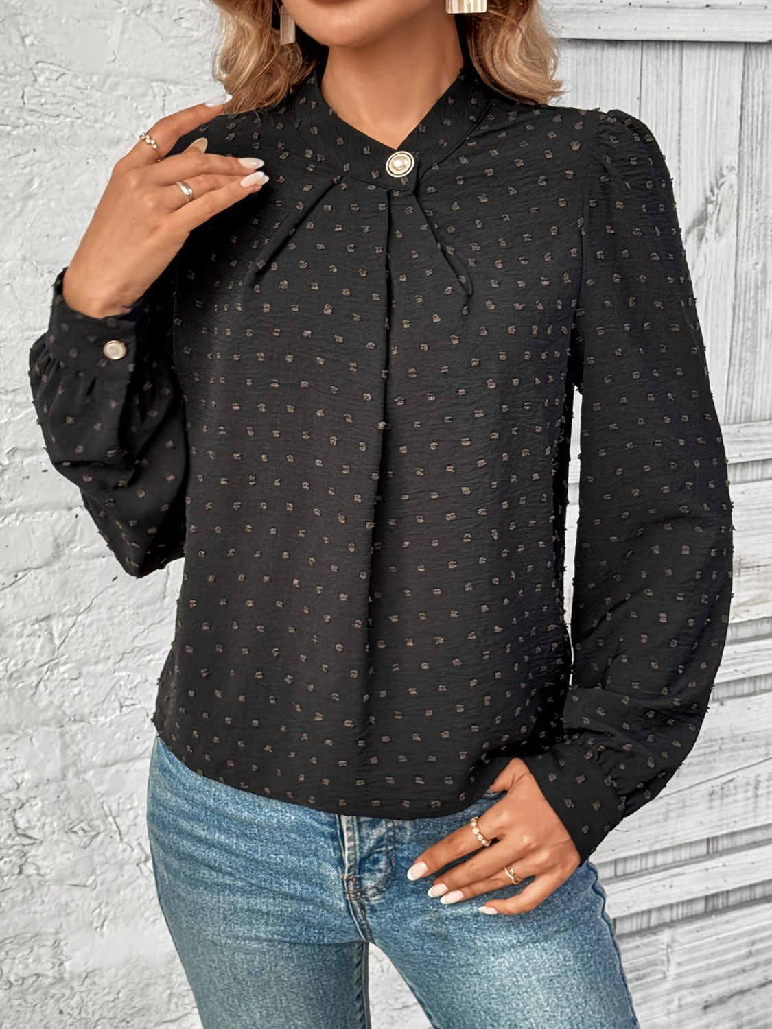 Swiss Dot Mock Neck Long Sleeve Blouse