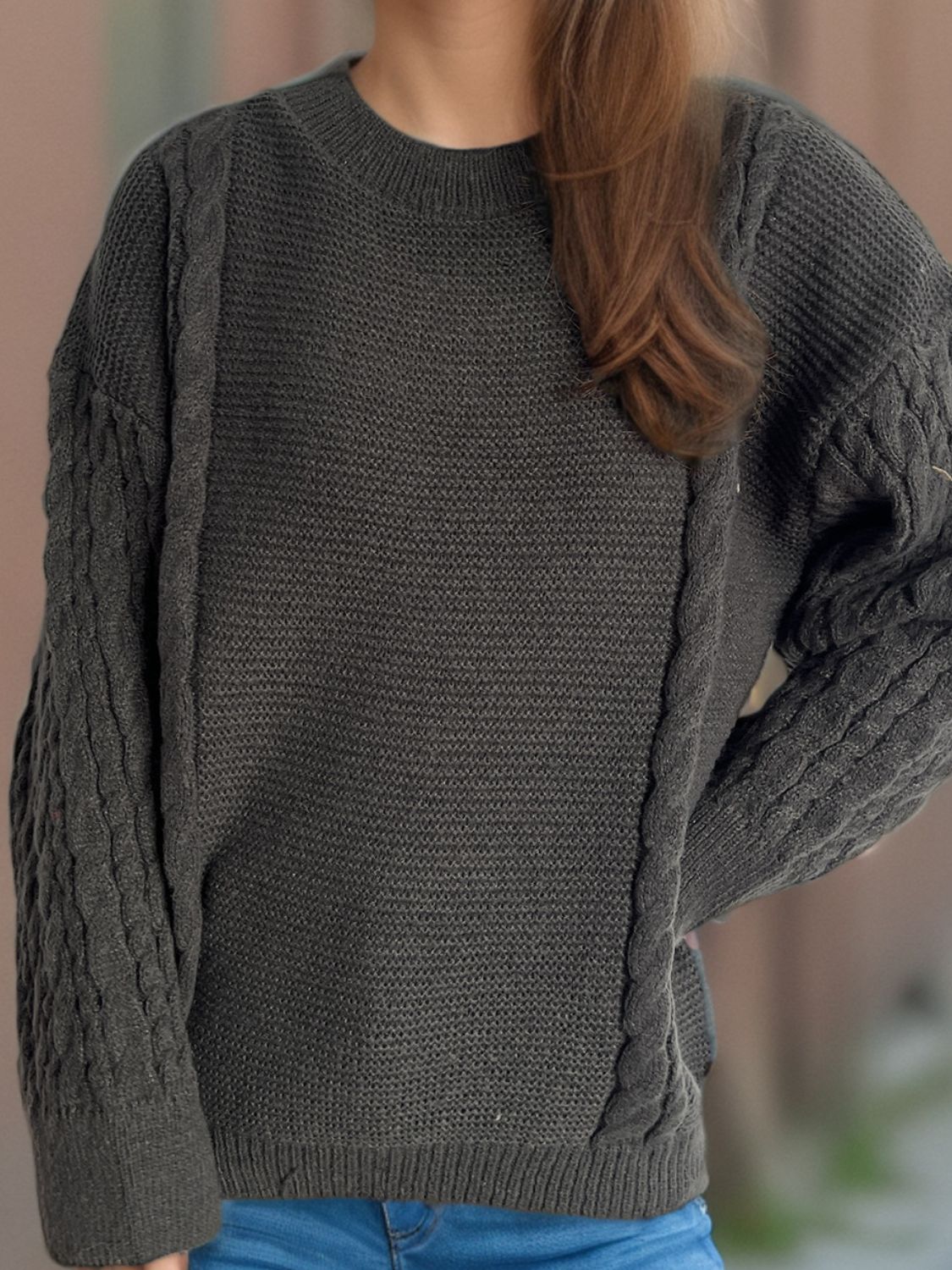 Cable-Knit Round Neck Long Sleeve Sweater