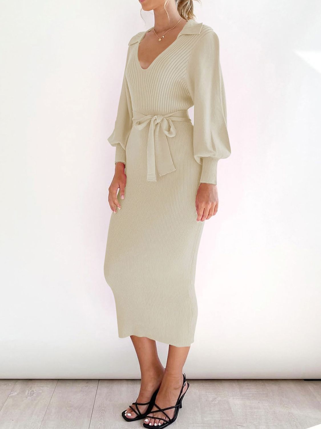 Perfee Tied Long Sleeve Wrap Sweater Dress