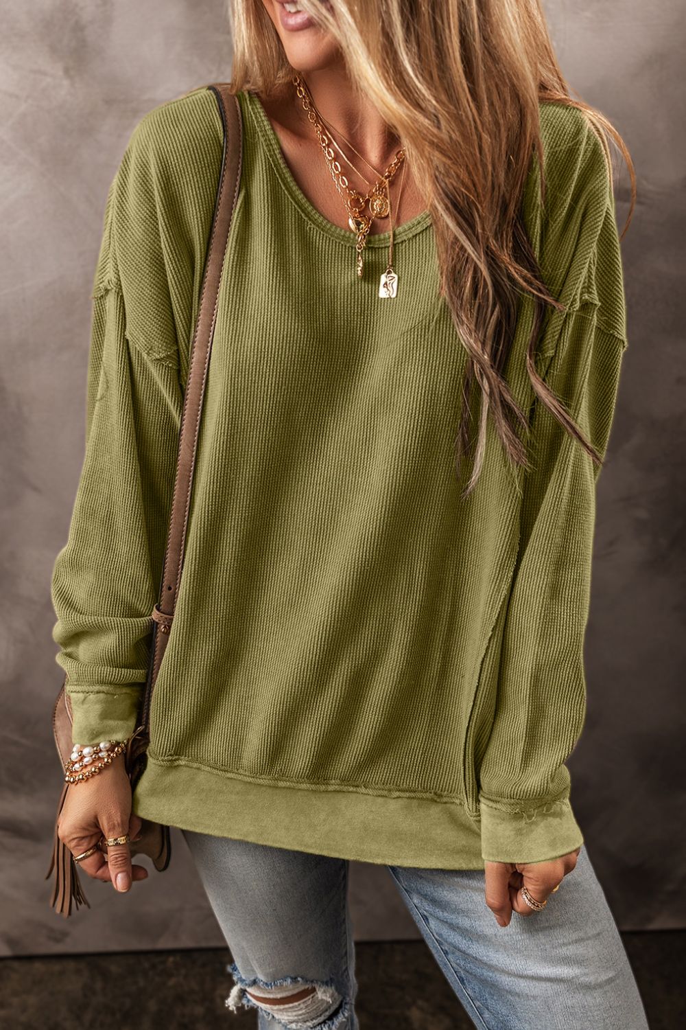 Textured Round Neck Long Sleeve Sweatshirt