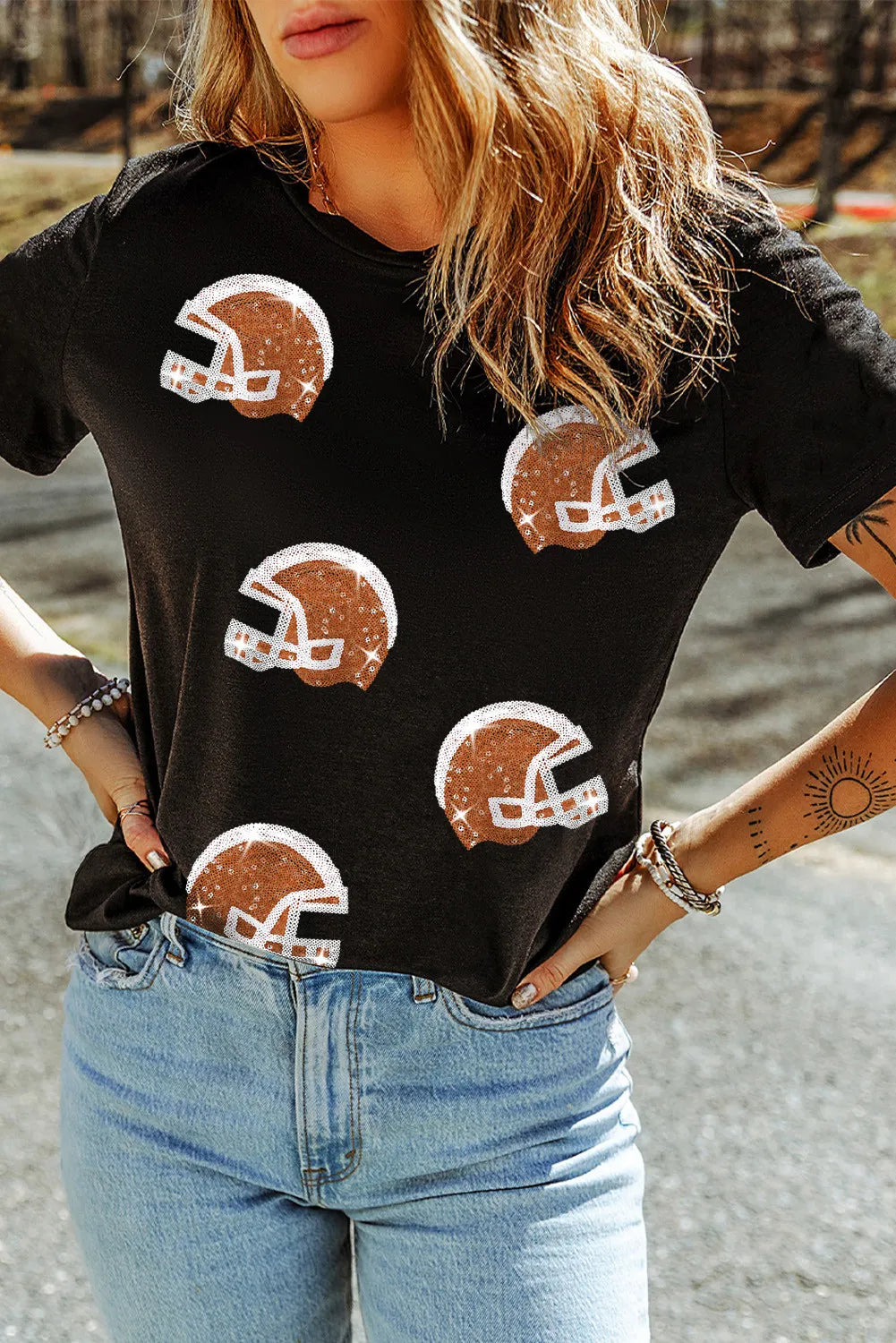 Sequin Round Neck Short Sleeve T-Shirt