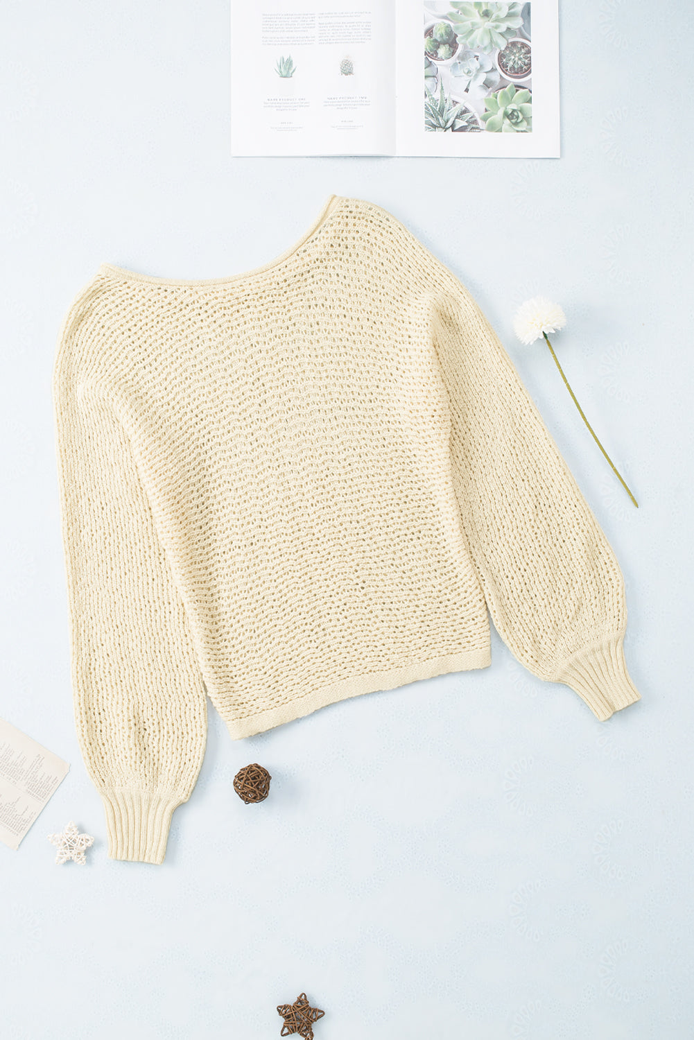 Openwork Boat Neck Raglan Sleeve Knit Top