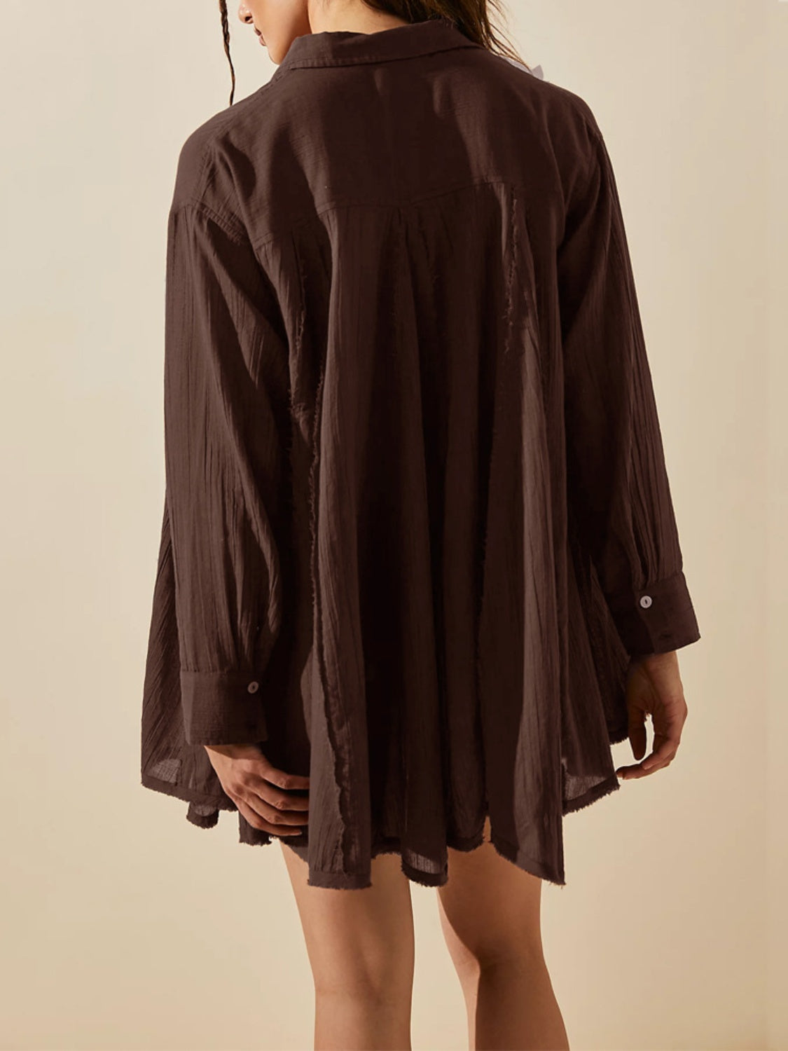 Button Up Collared Neck Long Sleeve Longline Shirt