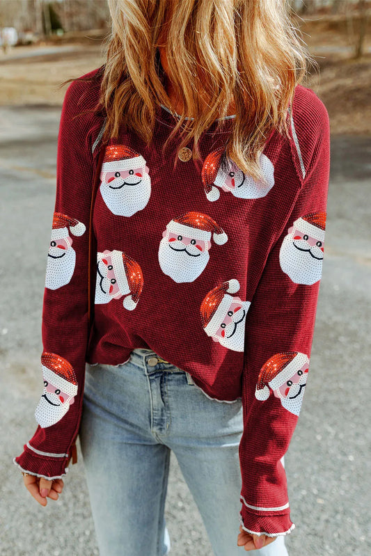 Sequin Santa Round Neck Long Sleeve Blouse