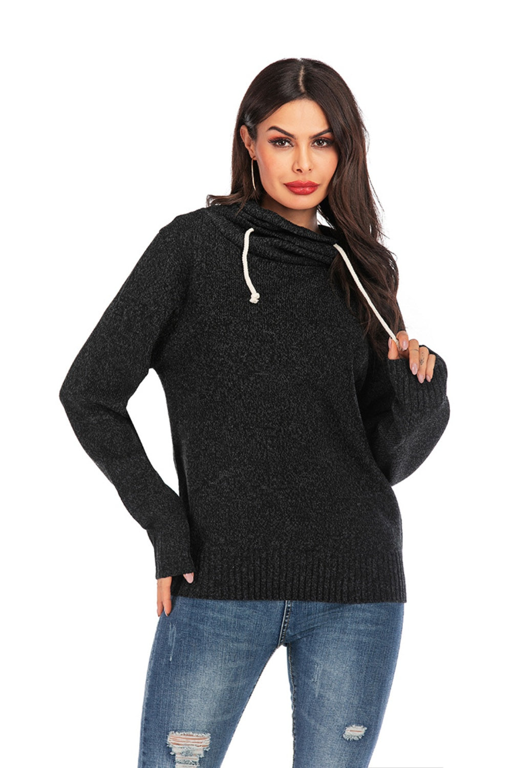 Drawstring Mock Neck Long Sleeve Sweater