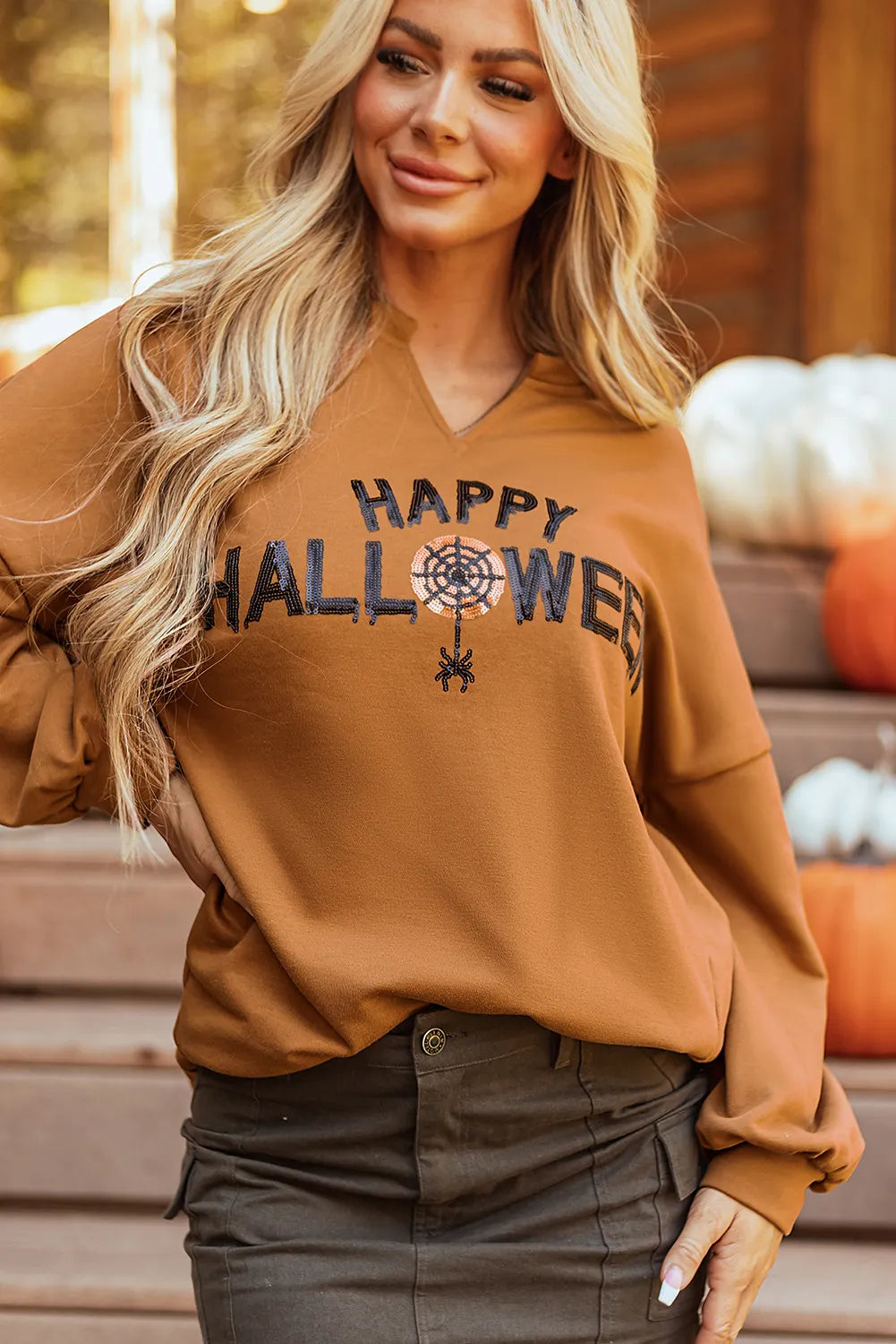 Sequin Letter Graphic Notched Long Sleeve Sweatshirt